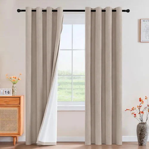 Vista 61 de Cortinas con textura de lino 100% opacas de 64 pulgadas de largo, juego de 2 paneles de cortinas de lino opacas con forro aislante térmico que Arena