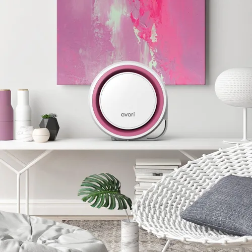 Vista 3 de AVARI™ Purificador de aire personal de escritorio rosa 525 fabricado en Corea. Filtrado de la zona de respiración personal. Filtros electroestáticos