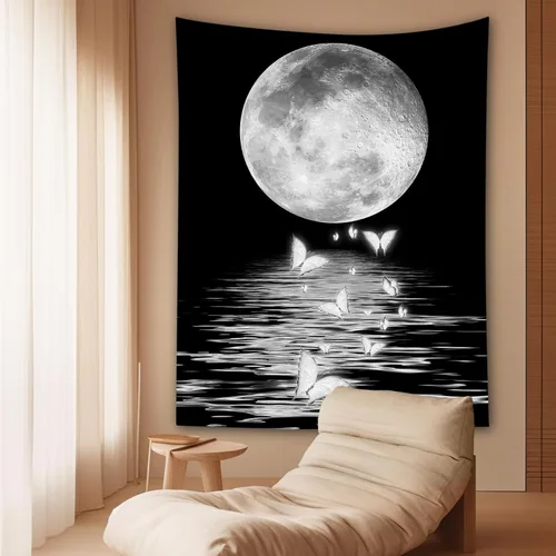 Vista 23 de LB Tapiz pequeño de luna llena sobre océano, tapiz de pared de cielo nocturno estrellado, fantasía 3D, arte de pared de luna grande en blanco