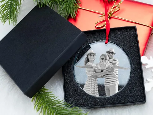 Vista 5 de Adorno de cristal con foto grabada, caja de regalo incluida, adorno de Navidad con foto personalizada, adorno de foto interior de cristal, regalos
