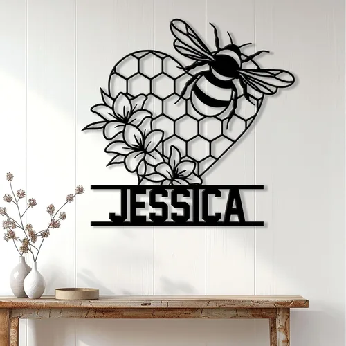 Vista 11 de Letrero de metal personalizado de abeja, cartel colgante de abeja de miel, porche de bienvenida al aire libre, valla de pared con nombre