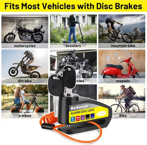 Vista 6 de Cerradura de motocicleta recargable, 120 dB, bloqueo de disco de alarma antirrobo, bloqueo de disco de seguridad, impermeable, con cable