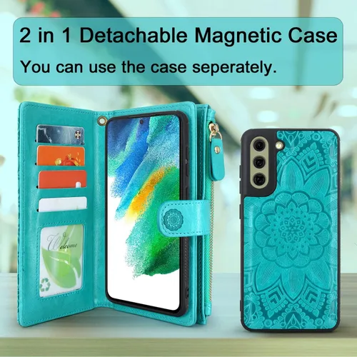 Vista 3 de Harryshell Funda de piel desmontable con cremallera magnética con bolsillo para monedas, 12 ranuras para tarjetas, correa de muñeca, cordón