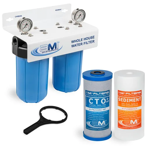 Vista 2 de Applied Membranes Inc. Sistema de filtro de agua para toda la casa de 2 etapas, cartuchos de filtro de carbono y sedimentos de 4.5x10 pulgadas