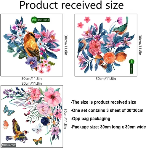 Vista 2 de 3 calcomanías autoadhesivas de pared para asiento de inodoro, diseño floral rosa y morado, diseño de pájaros y flores, para bricolaje, ramo