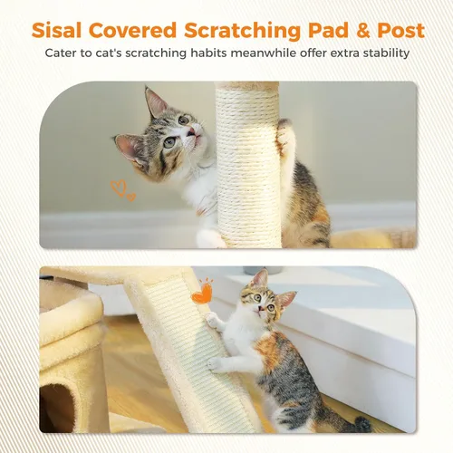 Vista 4 de PEQULTI Árbol para gatos pequeños a medianos: bonita torre para gatos beige con amplia percha acolchada, condominio privado y poste rascador