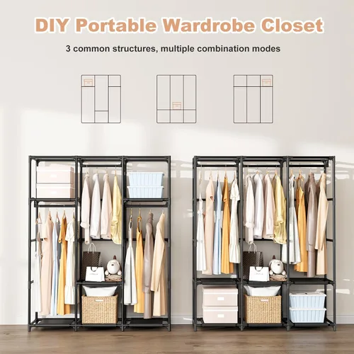 Vista 6 de Armario portátil para colgar ropa, perchero de gran capacidad con tapa, 3 varillas para colgar, 6 estantes y 8 bolsillos, armario fuerte y estable
