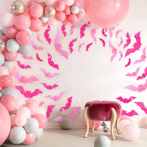 Vista 7 de Whaline 112 piezas de decoración de pared de Halloween, murciélagos 3D con adhesivo de espuma, rosa y rojo rosa, impermeables, calcomanías de Rosa