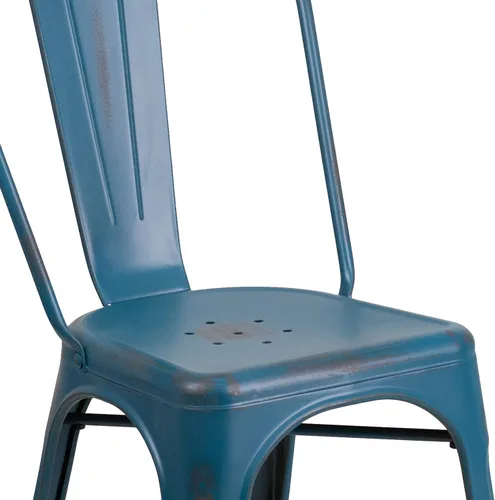 Vista 9 de Merrick Lane Banks - Silla apilable de comedor, marco de metal azul antiguo, acabado con recubrimiento en polvo envejecido, respaldo de listones
