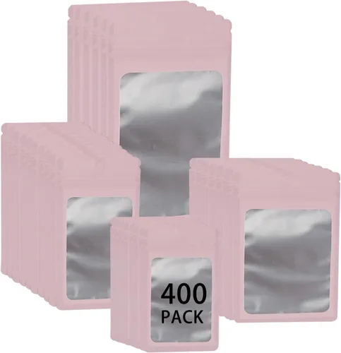 Vista 14 de Paquete de 400 bolsas holográficas de Mylar resellables de 4 tamaños, bolsas para almacenamiento de alimentos, a prueba de olores, con ventana
