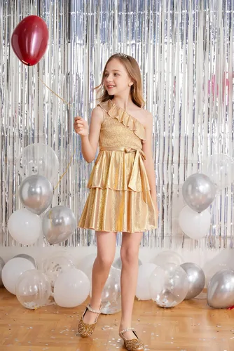 Vista 4 de Danna Belle Vestido de fiesta de verano para niñas, con un hombro, volantes, escalonado, ropa de regalo, tallas 5-14