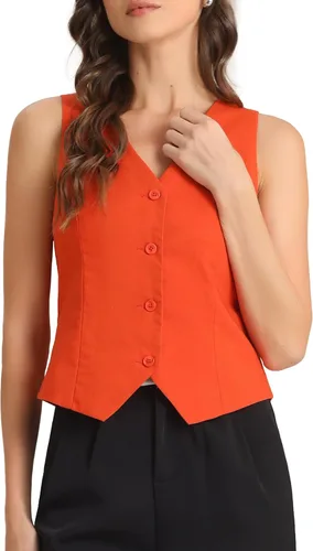 Vista 8 de Allegra K Chaleco para mujer, de verano, algodón, lino, sin mangas, con botones, cuello en V, totalmente forrado, chalecos recortados Negro
