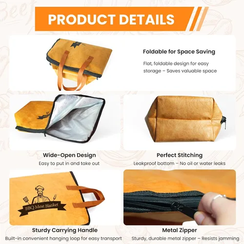 Vista 4 de Manta de barbacoa de 21 pulgadas para descansar carne, bolsa reutilizable a prueba de aceite para ahumar con aislamiento de 5 capas, accesorios