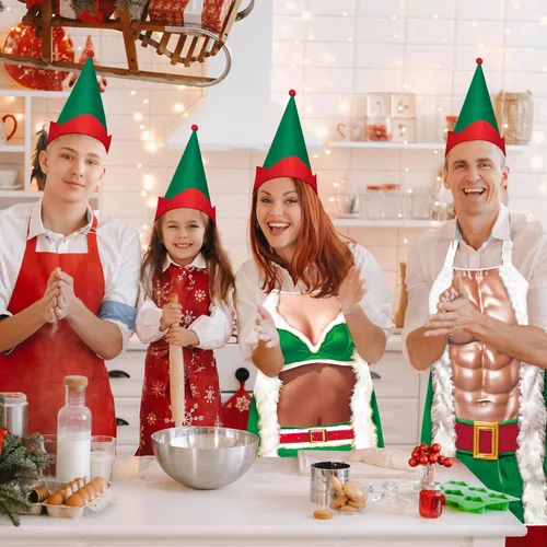 Vista 5 de 4 Piezas de Delantales de Navidad con Sombreros para Mujeres y Hombres, Delantales de Cocina Ajustables Divertidos para Cocinar para BBQ y Fiesta