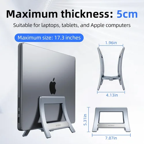 Vista 5 de Soporte vertical para laptop para escritorio, soporte para MacBook con bloqueo automático por gravedad, soporte vertical de plástico ABS compatible