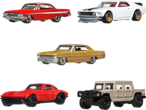 Vista 4 de Hot Wheels Cars, Premium Fast & Furious 1:64 Escala 1:64 Paquete de 5 autos de juguete fundidos a presión para coleccionistas, HKF07