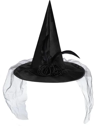 Vista 13 de American Trends Sombrero de bruja de Halloween para mujer, accesorio de disfraz de Halloween de encaje para fiesta