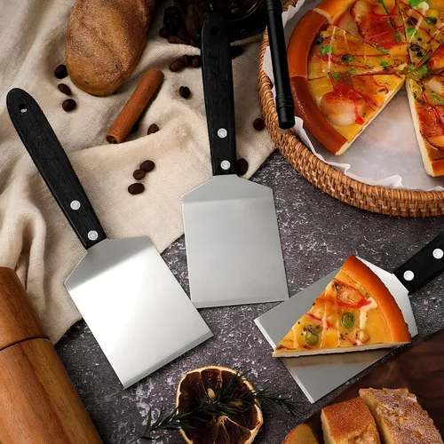 Vista 2 de BBTO 20 espátulas pequeñas para pizza, espátula de acero inoxidable para servidor de galletas con mango de madera, pastel de galletas a granel, pala