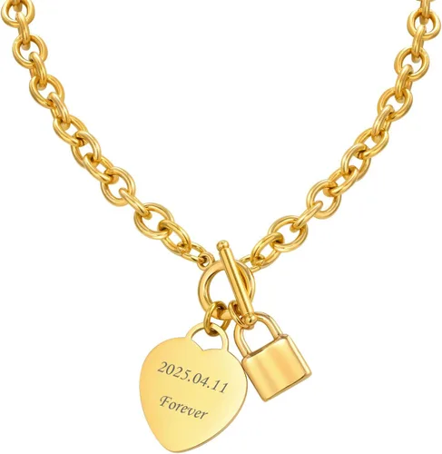 Vista 12 de VNOX Juego de collar de cadena de cable de acero inoxidable con nombre inicial personalizado con dije de corazón y cierre de palanca Dorado