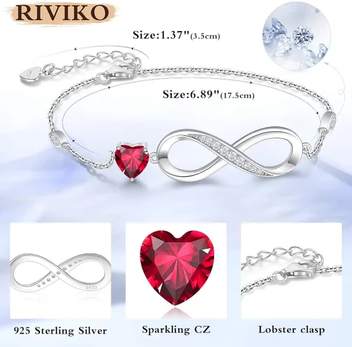 Vista 5 de RIVIKO Pulsera de plata de ley 925 con símbolo de corazón infinito para mujer, ajustable, cumpleaños, Navidad, día de San Valentín, regalo
