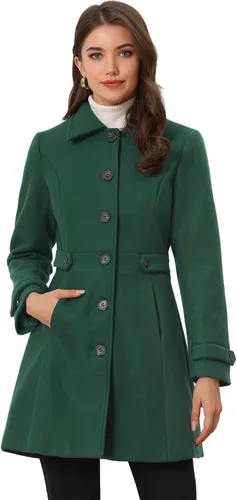 Vista 16 de Abrigo clásico de invierno con bolsillos de Allegra K para mujer; chaquetón de botonadura sencilla Verde militar