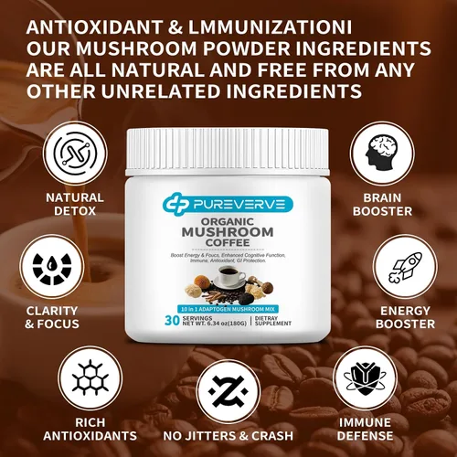 Vista 7 de Café de hongos, mezcla de polvo de extracto de hongos orgánico 10 melena de león, reishi, chaga, cordyceps, cola de pavo 30 porciones