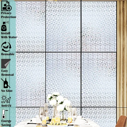 Vista 7 de Niviy Película de Privacidad para Ventanas con Patrón de Diamante 3D, Vinilo No Adhesivo con Adherencia Estática, Película Decorativa para Ventanas