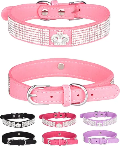 Vista 9 de Collar de perro para perros pequeños, collares ajustables de cuero de gamuza para perro, collar de perro rosa para gato, collar de perro
