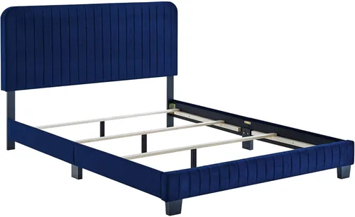 Vista 4 de Modway Celine - Cama Queen de terciopelo copetudo con canal en color azul marino
