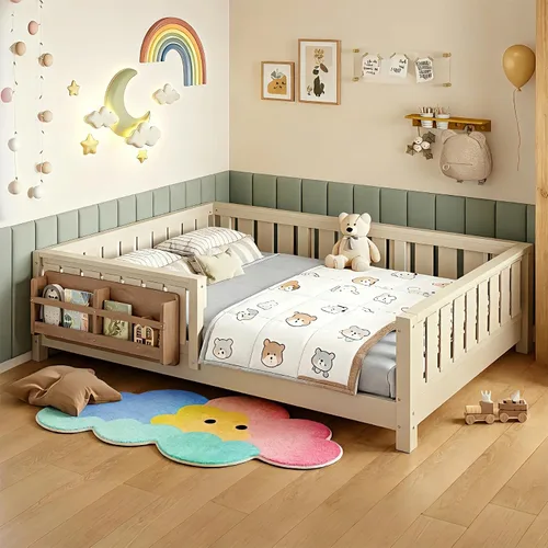 Vista 22 de Marco de cama Montessori Twin con estantería y barandillas, color beige