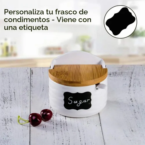 Vista 2 de Recipiente de cerámica con tapa y cuchara de bambú, tarro de porcelana de 9.1 onzas líquidas para pimienta con etiqueta de pizarra, para C-001