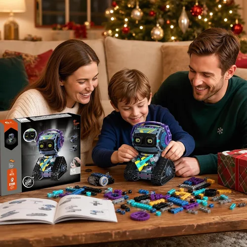 Vista 7 de Kit de construcción de robot STEM, 3 en 1 juguetes robóticos controlados por control remoto y aplicación, set de bloques de construcción de robots