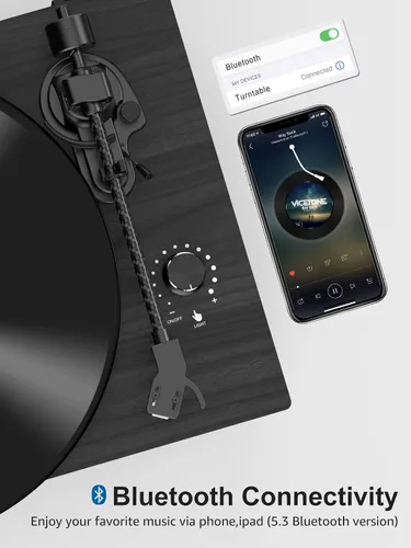 Vista 5 de Tocadiscos con altavoces integrados Bluetooth 5.3, tocadiscos de 2 velocidades para discos de vinilo, tocadiscos de alta fidelidad con cartucho