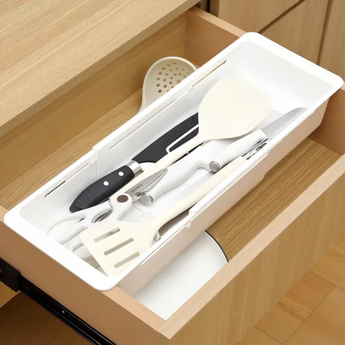 Vista 10 de Paquete de 1 Organizadores de Cajones Profundos, Organizador de Cajón Deslizante Expandible y Ajustable para Utensilios de Cocina, Toallas