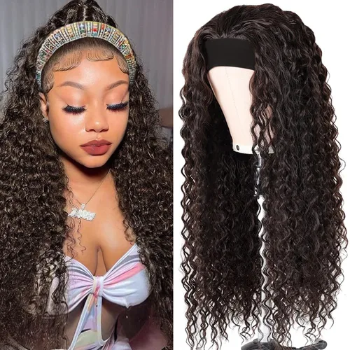Vista 35 de Peluca de cabello humano con diadema de ondas profundas, sin pegamento, pelucas de cabello rizado sin encaje frontal, pelucas de cabello humano