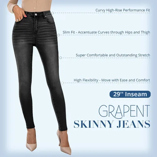 Vista 3 de GRAPENT - Jeans ajustados para mujer, pantalones de mezclilla de cintura alta, elásticos, clásicos, de tiro alto y adelgazantes