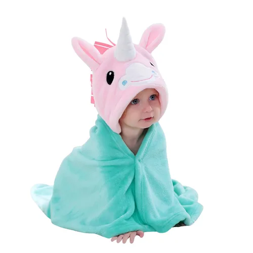 Vista 17 de TONWHAR Manta con capucha de cara de animal para bebés y niños de 0 a 4 años, manta de felpa para después del baño (caballo azul)