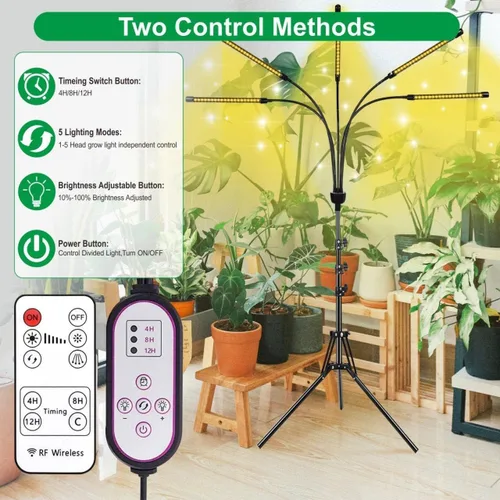 Vista 2 de yentbokj Lámparas LED ajustables de 5 cabezas, lámpara de cultivo de espectro completo con temporizador, luz blanca cálida para plantas