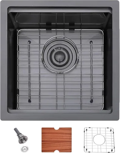 Vista 21 de SHACO Fregadero de barra empotrado de 15x15 pulgadas, fregadero de acero inoxidable de 15 pulgadas de un solo tazón hecho a mano de níquel cepillado
