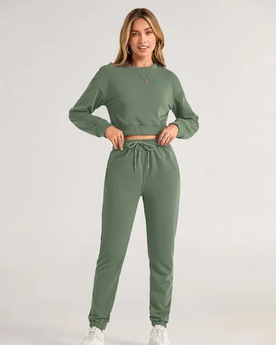 Vista 45 de BTFBM Conjunto deportivo de 2 piezas para mujer, camiseta corta de manga larga, sin botones, pantalón con cordón ajustable, pantalones deportivos