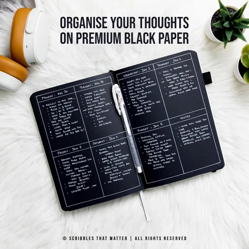 Vista 4 de Cuaderno de diario con viñetas de puntos de bala en papel negro A5 Starry Night de Scribbles That Matter Bolígrafo de gel blanco gratis Papel
