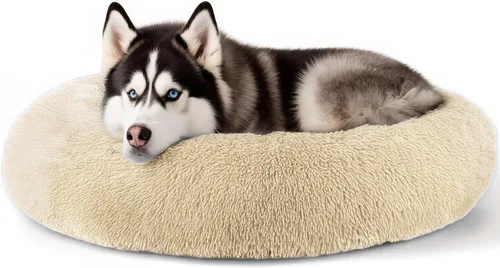 Vista 24 de Hoewina - Cama redonda, calmante, en forma de rosquilla, lavable, esponjosa para interiores, perros y gatos pequeños y medianos, negro, 20 pulgadas