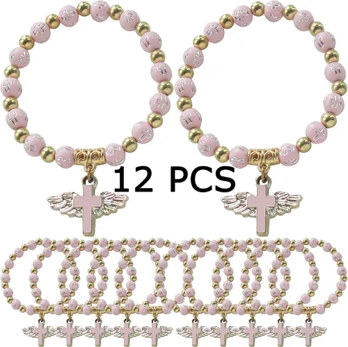 Vista 2 de WE 12 pulseras de cruz de ala de ángel para niña, recuerdo de bautizo/recuerdo de bautizo