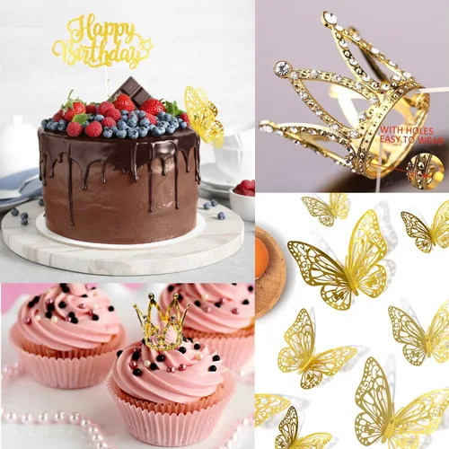 Vista 4 de Juego de 29 adornos dorados para tartas, 4 coronas, 24 piezas de decoración de mariposa dorada en 3D, 1 adorno de pastel de feliz cumpleaños, mini