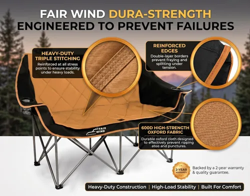 Vista 5 de FAIR WIND Silla de Camping Completamente Acolchada de Gran Tamaño Sofá Plegable de Dos Plazas Sofá de Campamento Silla Doble Duo Silla de Brazo