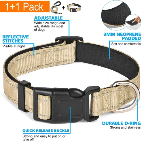 Vista 3 de Ladoogo collar reflectante para perro con acolchado de neopreno suave, collares de nylon transpirables y ajustables para perros pequeños, medianos