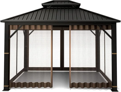 Vista 3 de Mosquitera Universal de Repuesto para Gazebo – Hugline 10' x 12' Pantalla de Malla para Exteriores de 4 Paneles con Cortina Lateral con Cremallera