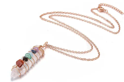 Vista 2 de GEHECRST Collar con colgante de punto de cuarzo transparente natural reiki de 7 chakras, piedras preciosas de cristal curativo de oro rosa, alambre