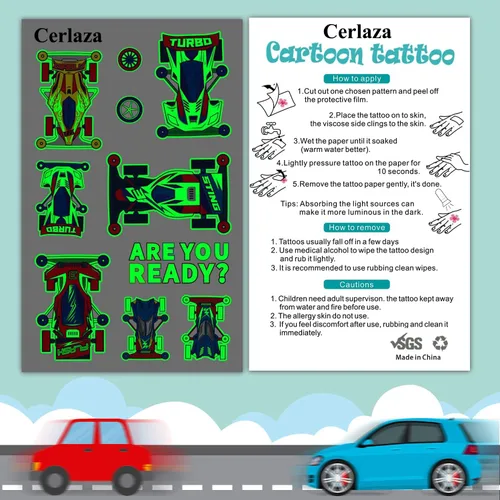 Vista 7 de Cerlaza Tatuajes temporales luminosos para niños, 90 estilos de autos brillantes para fiestas de cumpleaños, decoraciones de recuerdos, calcomanías