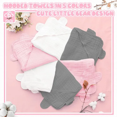 Vista 5 de Preboun 6 toallas de muselina con capucha para bebé, gris, rosa, blanco